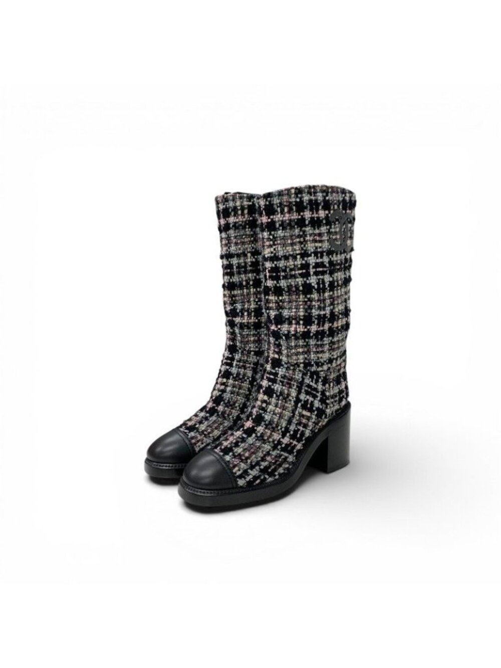 Chanel Boots Long Shoes Tweed Leather Black Multicolor CC Logo